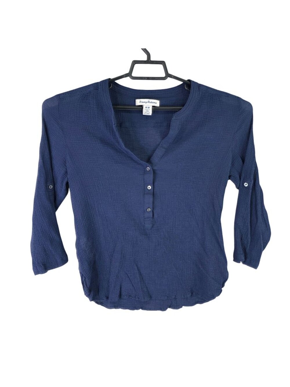 Womens Tommy Bahama Navy Button Front Blouse 100% Cotton Roll Tab Sleeve Size M